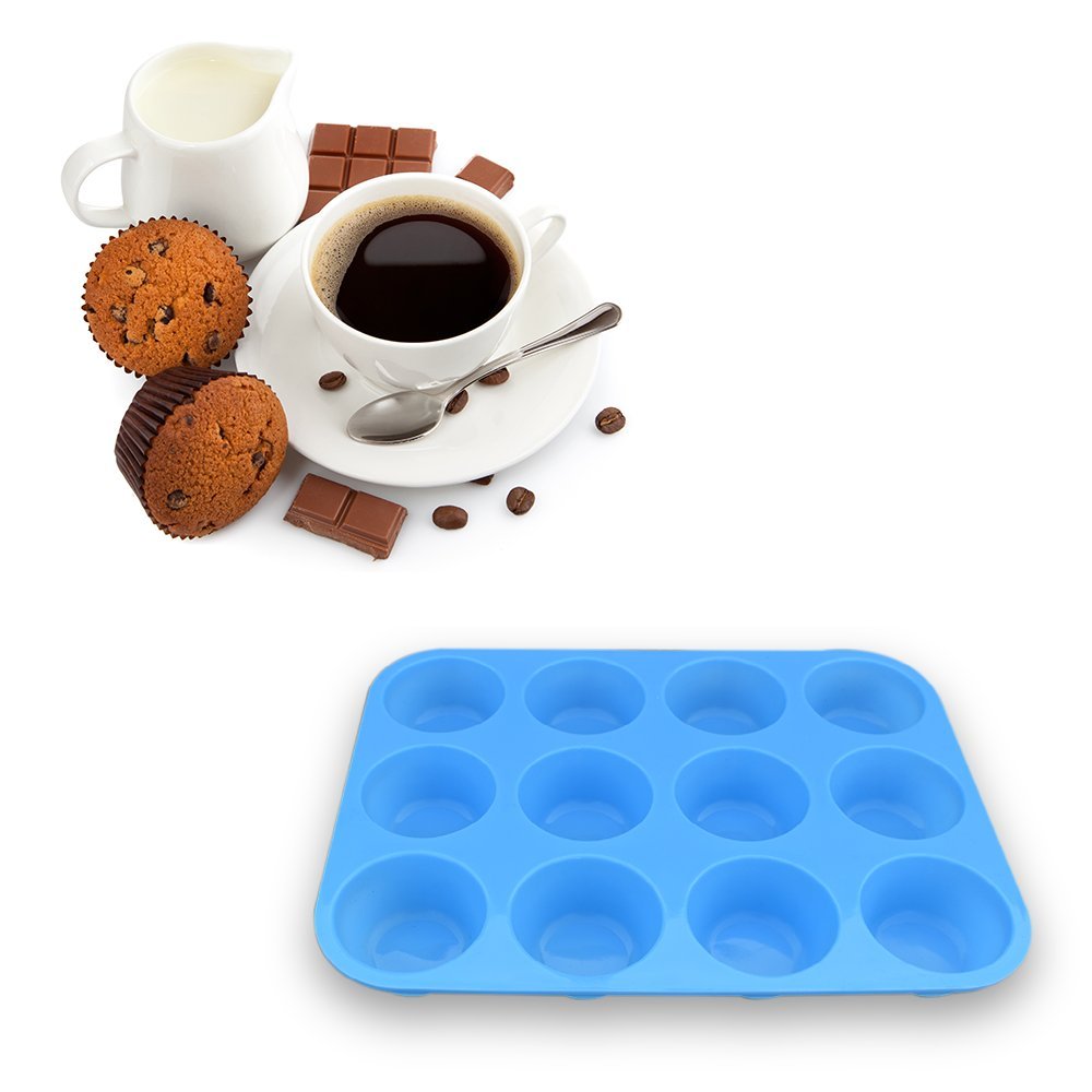 Homedge 12-Cup Silicone Muffin Pan, Pack Of 2 Non-Stick Muffin Molds, Baking Pan For Cupcake, Tarts, Egg Bites-Blue