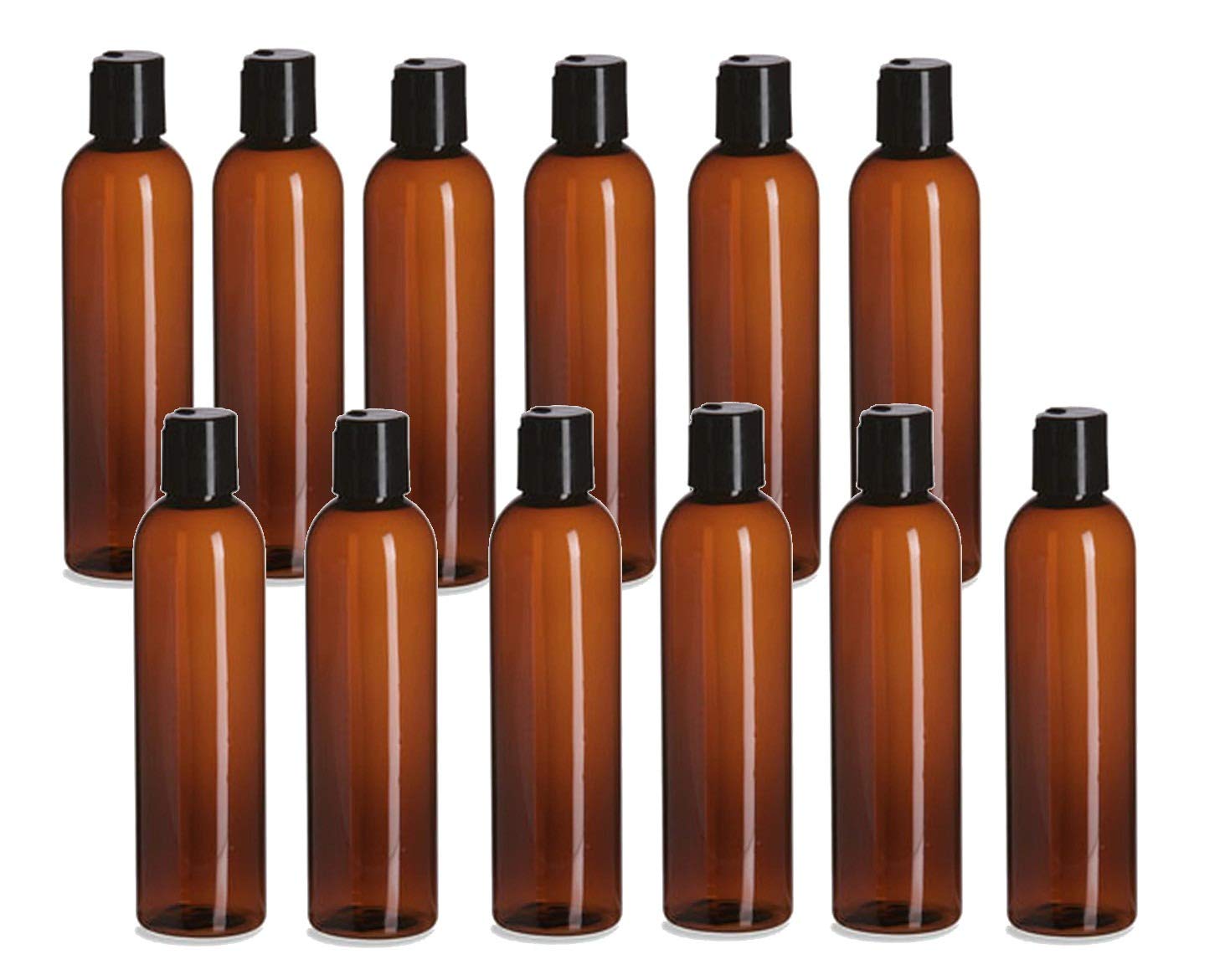 Natural Farms Empty Shampoo Bottles  8 oz  12 Pack Amber Cosmo Empty Black Disc top Squeeze Plastic Bottle for Essential Oil