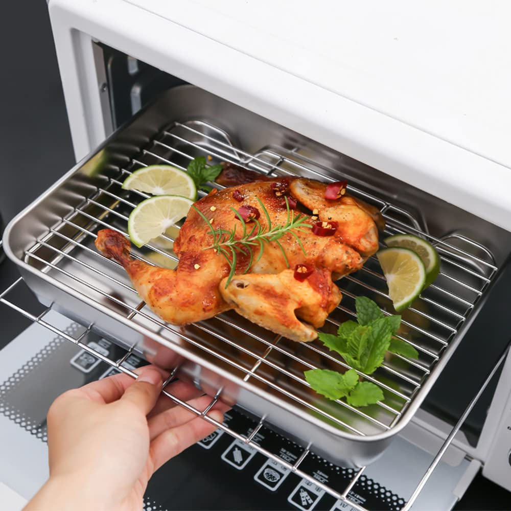 Small Baking Sheet Pan With Wire Rack Set [1 Pans + 1 Racks] Stainless Steel Cookie Pan Baking Tray Size 10.4 X 8.15 X 2 Inch