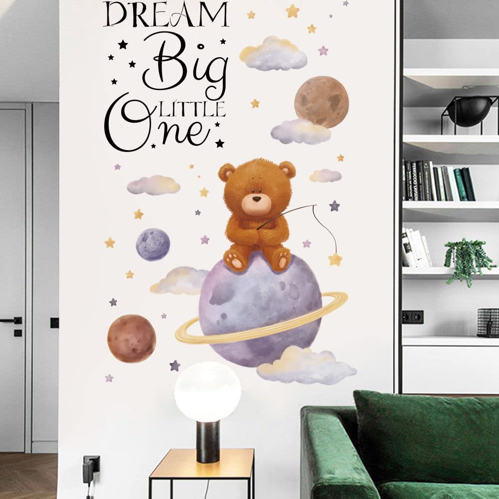 Runtoo Dream Big Little One Wall Art Sticker Inspirational Quotes Bear Space Wall Decals For Nursery Girls Bedroom Kids Home Dec