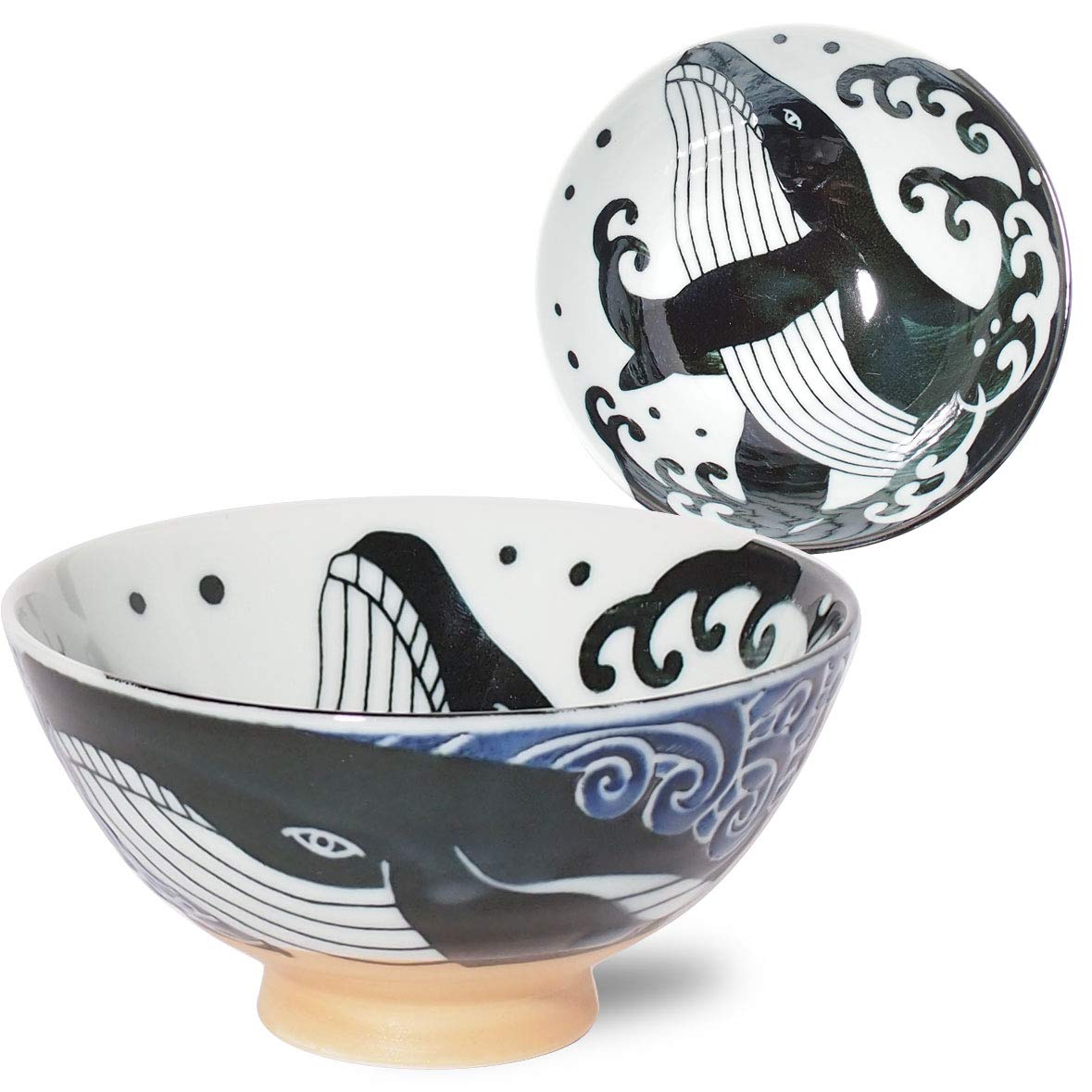 Minoru Touki White Wave Whale Blue Ceramic Rice Bowl Small F4.72  H2.4In 5.64Oz Made In Japan