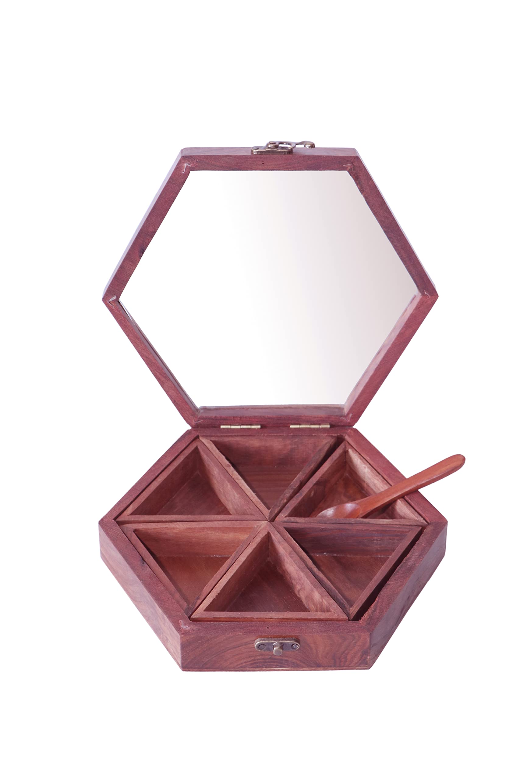 Deluxe Wood Handicrafts Hexagon Spice Box With Spoon In Sheesham  Spice Box For Kitchen Container With Lid Decorative Masala Da