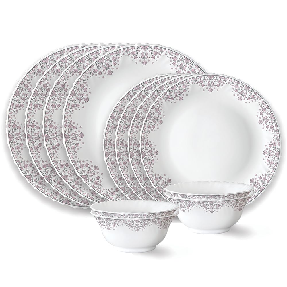 Larah By Borosil Lark Fluted Series Opalware Dinner Set | 12 Pieces For Family Of 4 | Microwave & Dishwasher Safe | BoneAsh Fre