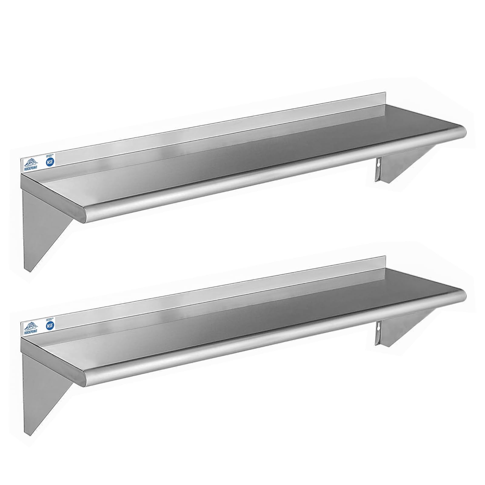 ROCKPOINT Stainless Steel Shelf 12 x 48 Inches 350lb, 2 Pack NSF Commercial Wall Mount Floating Shelving with Backsplash for Res