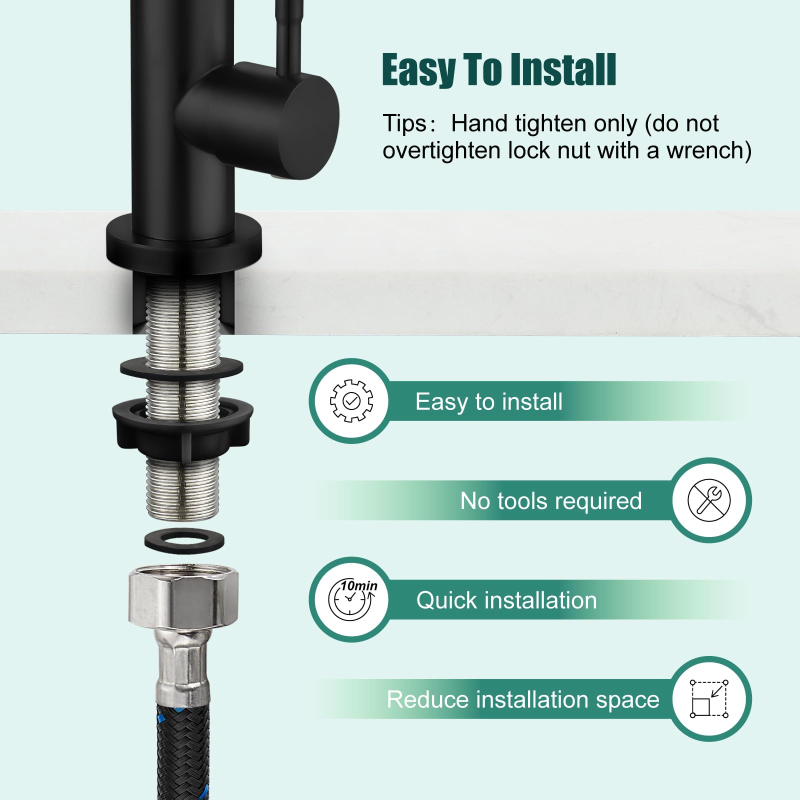 Heyalan Matte Black Faucet Cold Water OnlySingle Lever Handle SUS304 Sink Bar Tap 360 Degree Swivel Spout Decked Mounted Longer Thread Pipe