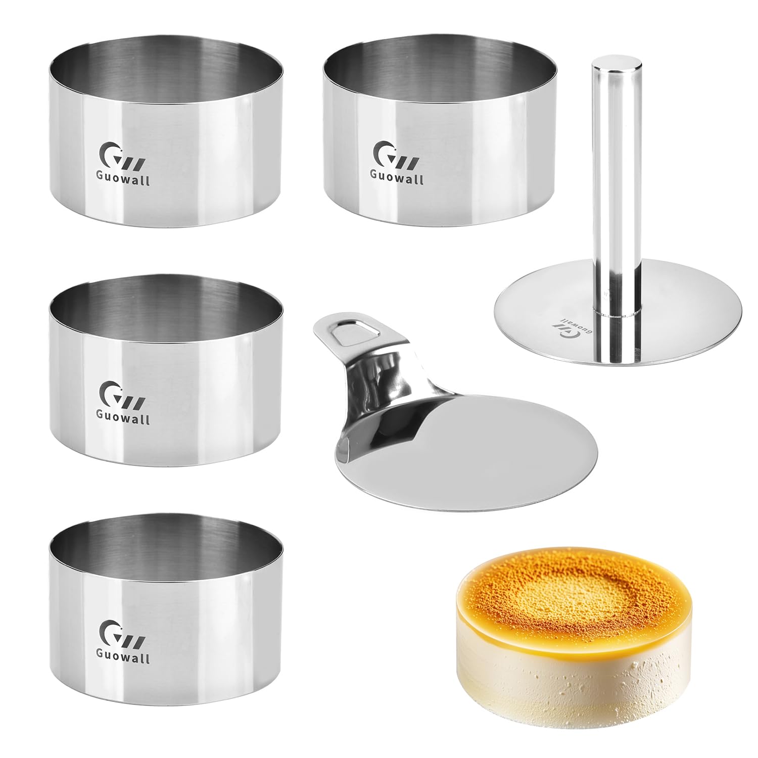Guowall 4 pack Seamless Mousse Cake Ring set Stainless Steel 4 inch Round Food Hamburger Mold Dessert Cutter for Baking (Include