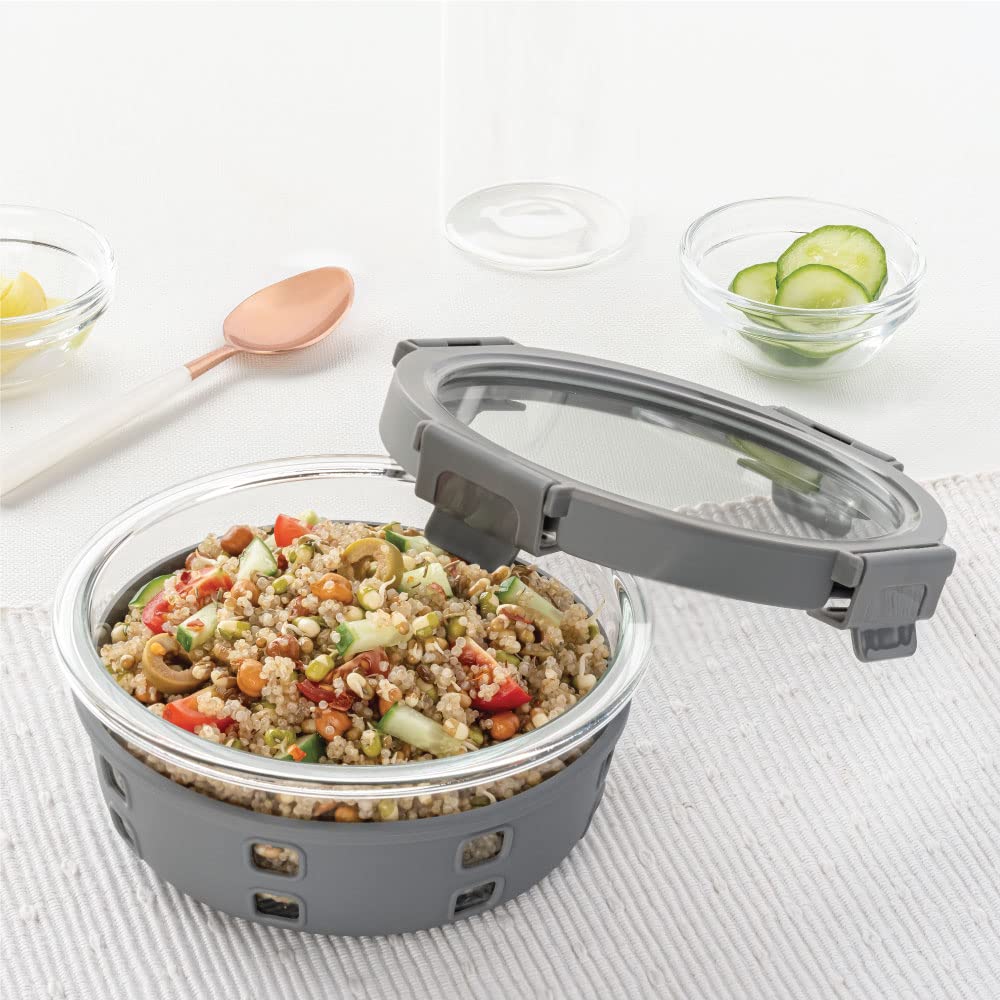 Borosil KlipNStore Plus 620 Ml Glass Food Storage Container For Food Storage, With AirTight Glass Lid & Silicone Sleeve, Roun