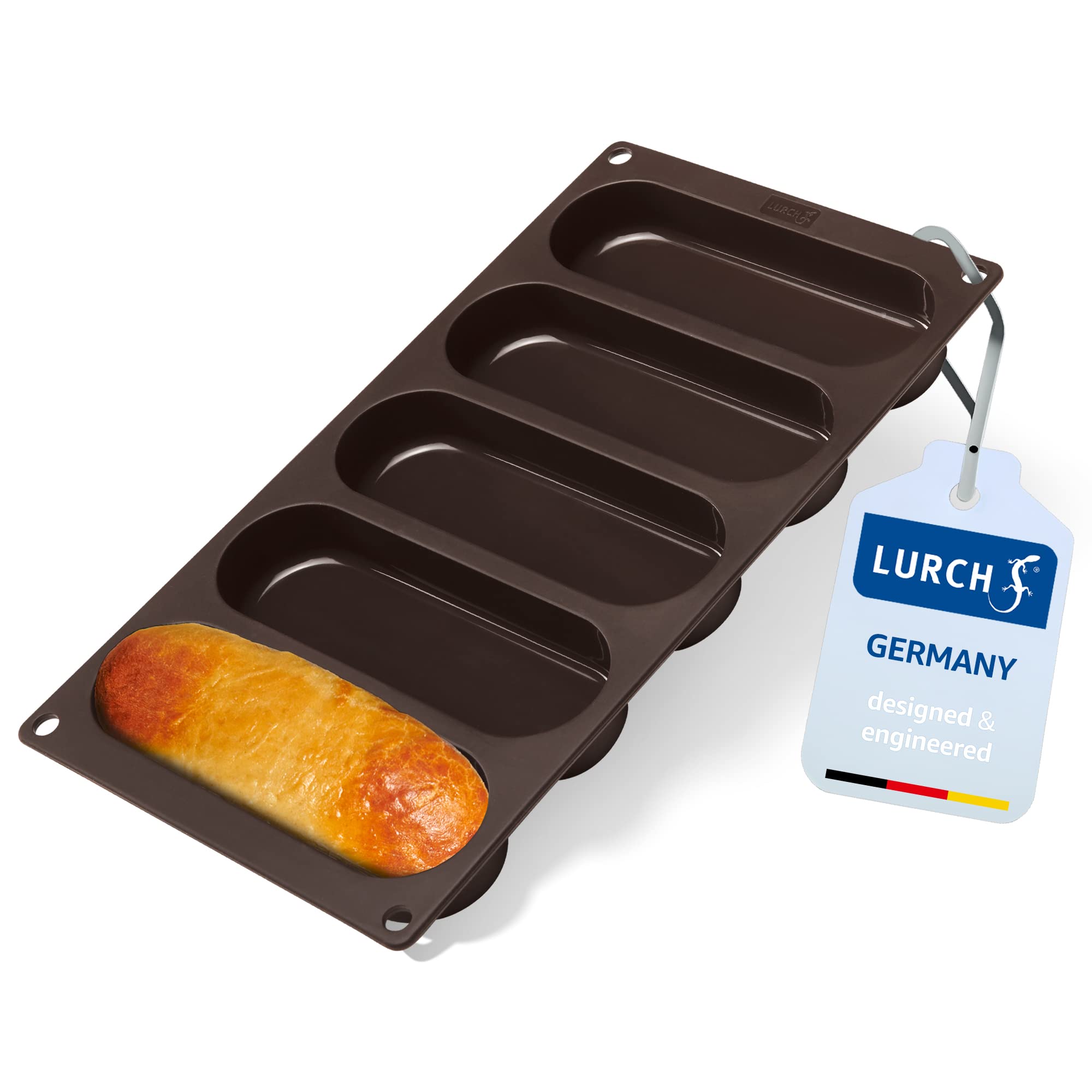 Lurch Germany Hot Dog Buns Mold | Silicone Non-Stick Flexiform Baking Pan | 6-Inch Hotdog Shaped Bread, Rolls, Cake And Eclair T