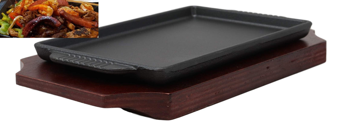 Ebros Personal Size Cast Iron Sizzling Fajita Pan Skillet Japanese Steak Plate With Wood Underliner Base Restaurant Home Kitchen