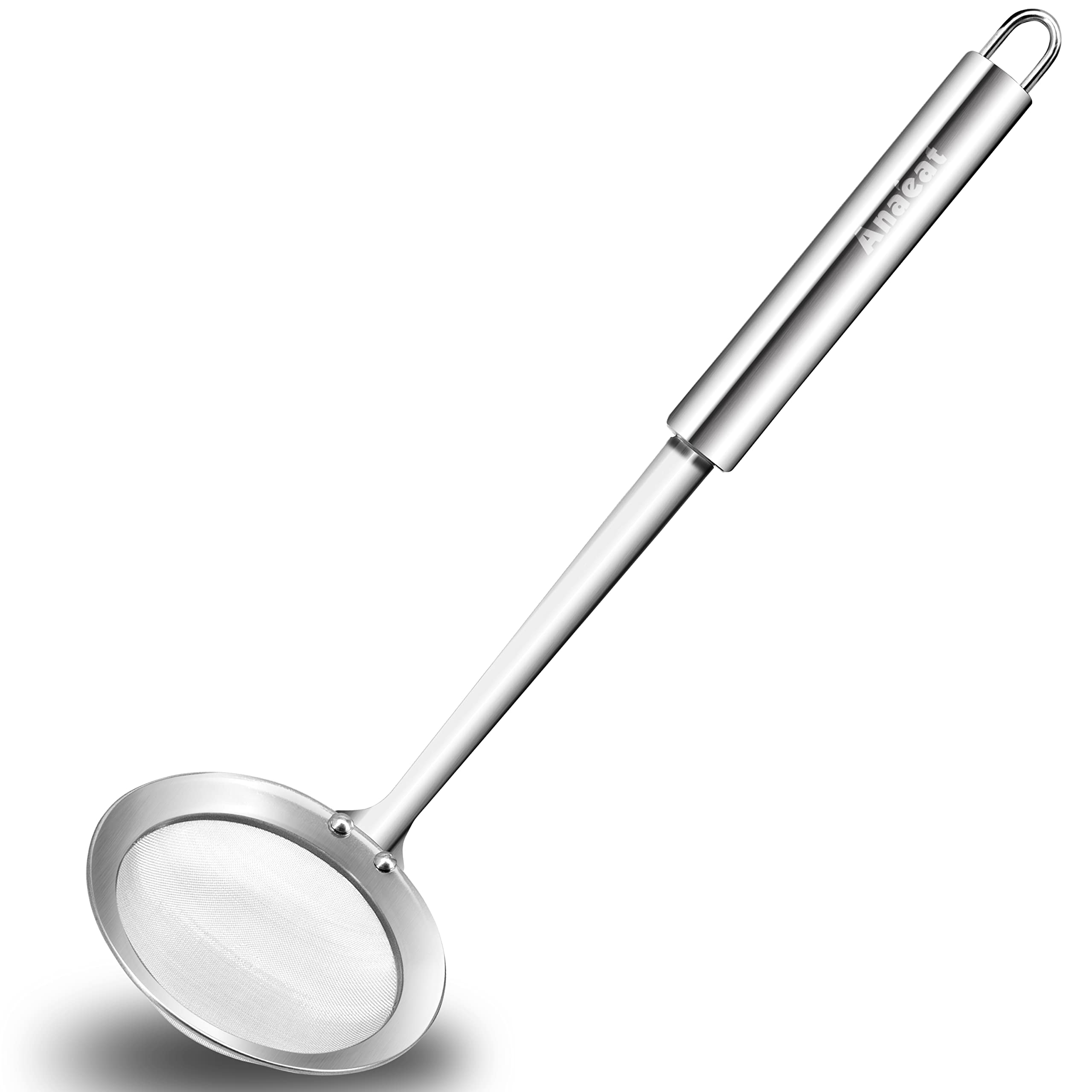 Anaeat 4'' Stainless Steel Fat Skimmer Spoon - Professional Kitchen Fine Mesh Food Strainer and Hot Pot Skimmer with Long Handle for Skimming  Cooking  Frying  Grease  Gravy and Foam