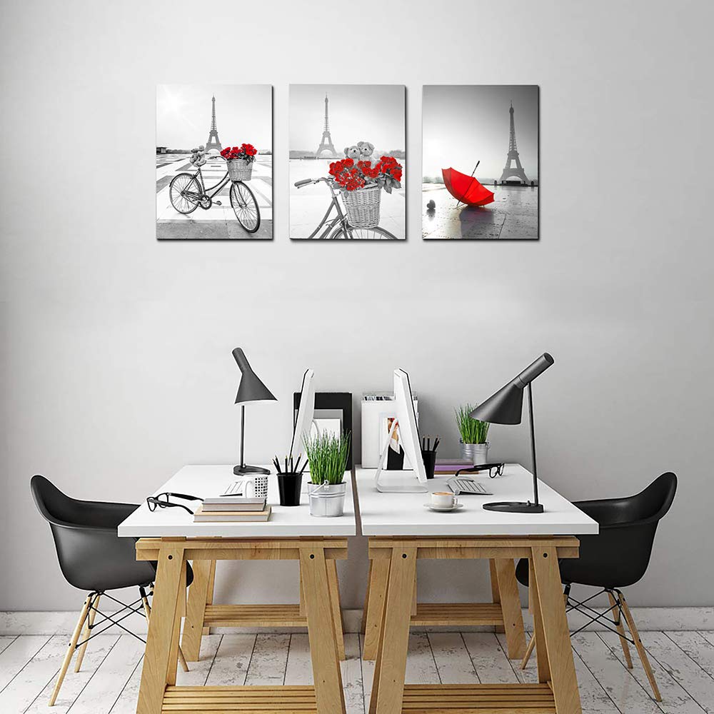 Red Flowers 3 Piece Canvas Print Wall Art For Living Room Bathroom Decorations Bedroom Wall Decor Modern Eiffel Tower Umbrella O