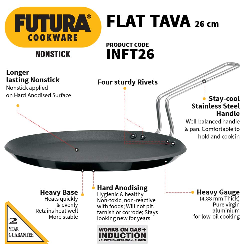 Hawkins Futura Non-Stick Induction Compatible Flat Tava Griddle, 10'' Induction, Black,