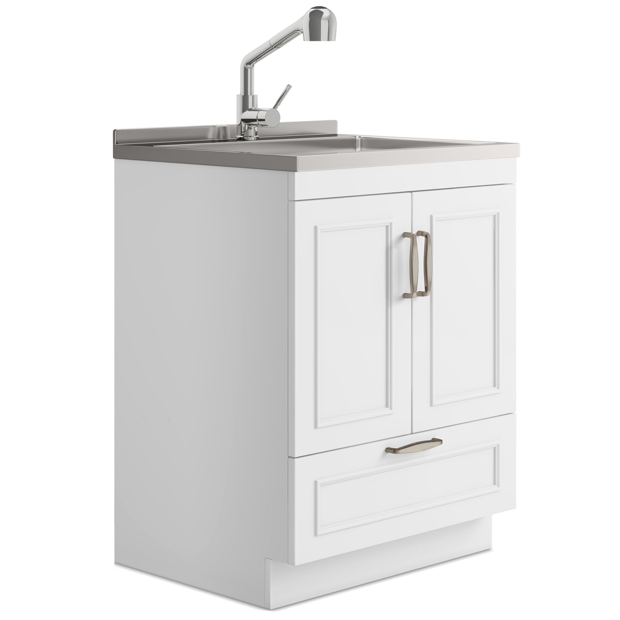 SIMPLIHOME Cardinal All-in-One 28 inch Wide Utility Sink and Laundry Cabinet in Pure White Finish, Transitional Stainless Steel 