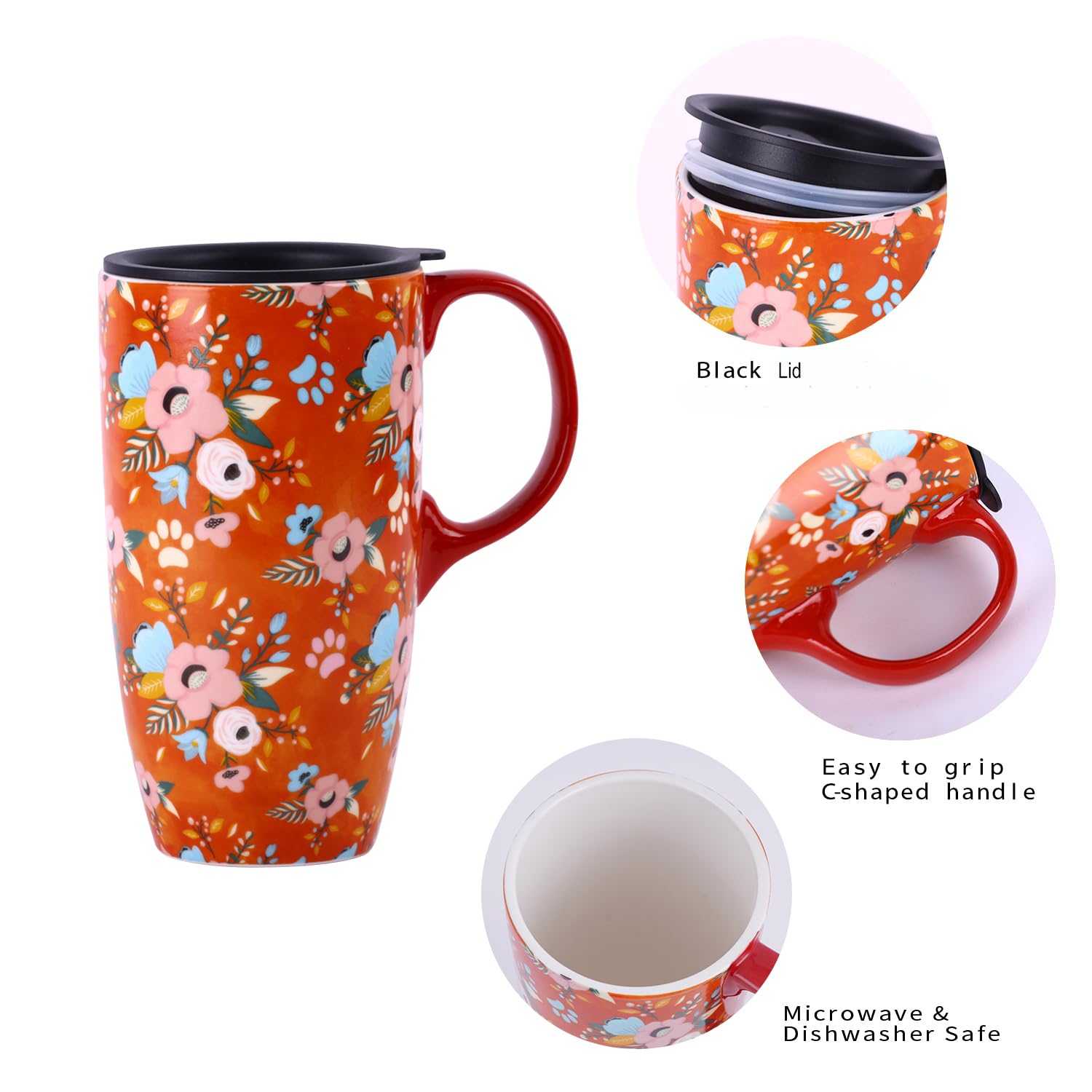 Topadorn Coffee Ceramic Mug Porcelain Latte Tea Cup With Lid 17oz. Orange Coffee Cup