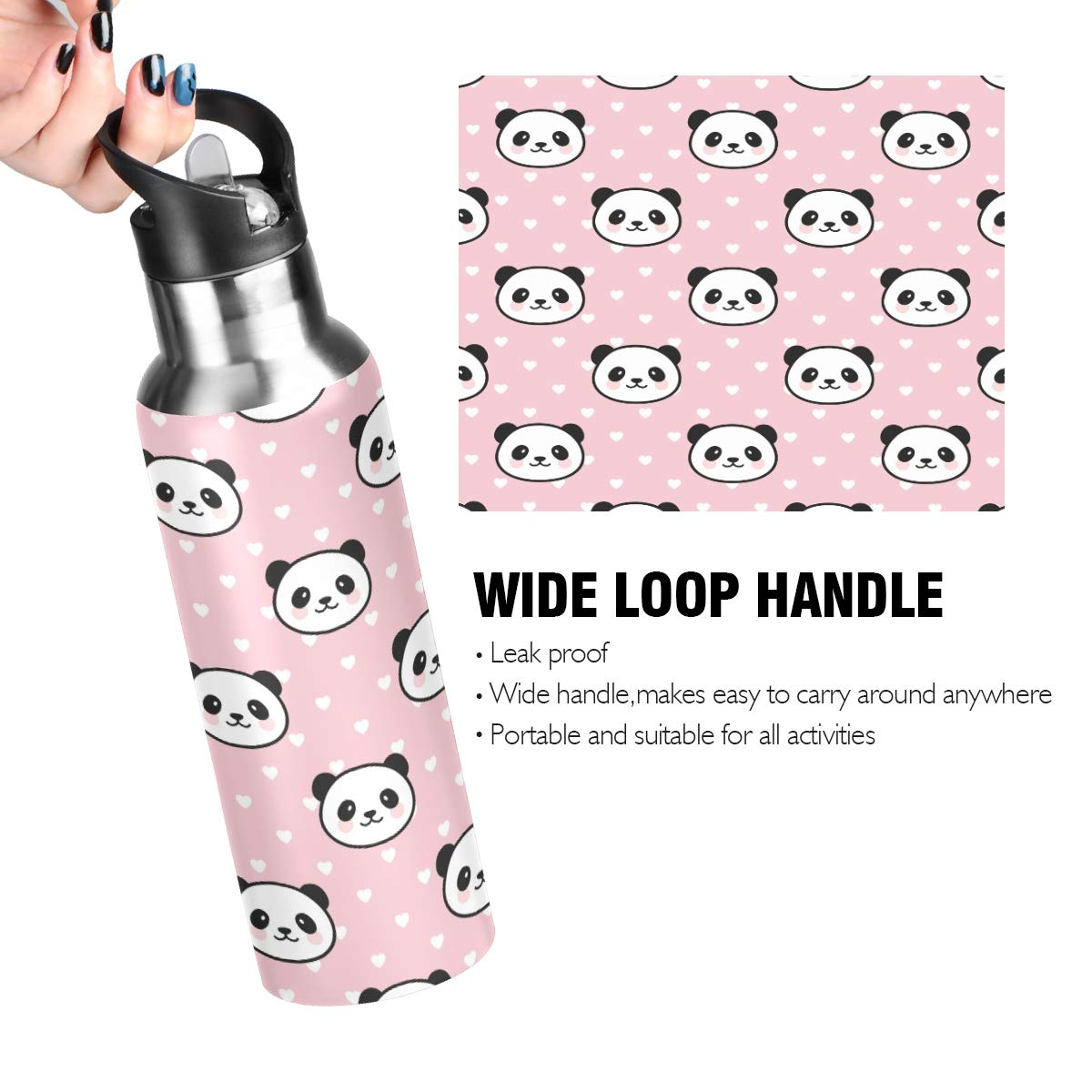 Panda Face Water Bottle Kids Stainless Steel Vacuum Insulated Water Flask Thermo Standard Mouth Bottle With Wide Handle