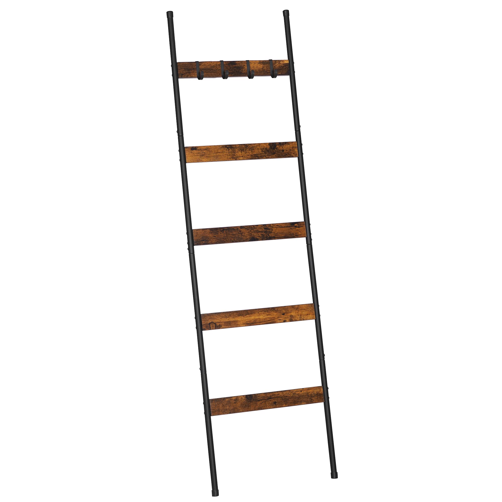 Elyken Blanket Ladder For Living Room, Farmhouse 5 -Tier Quilt Holder With 4 Removable Hooks For Bathroom, Wood Towel Rack Displ