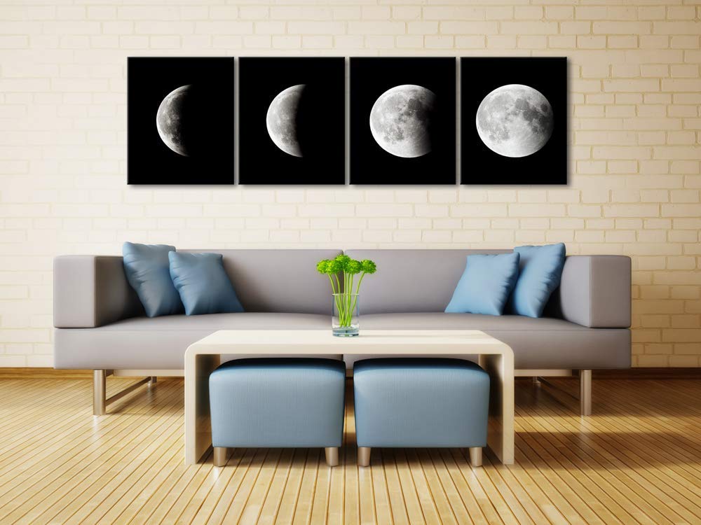 Wieco Art Moon Canvas Prints Wall Art Space Pictures Paintings Large Modern Gallery Wrapped Black And White Abstract Sky Giclee