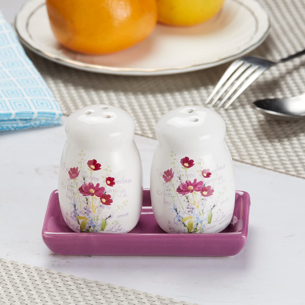 Kookee Ceramic Salt Pepper Set With Tray For Dining Table | White (8592)