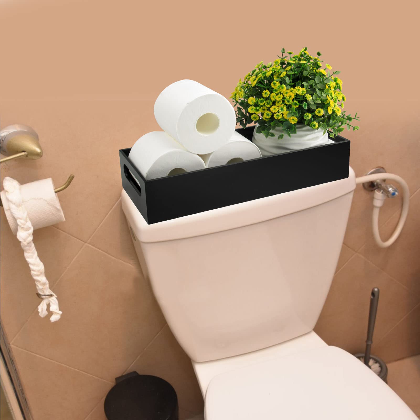 Tasybox Toilet Paper Holder with Storage  Acrylic Toilet Tank Tray  Black Bathroom Trays with Handles Vanity Tray for Home Decor