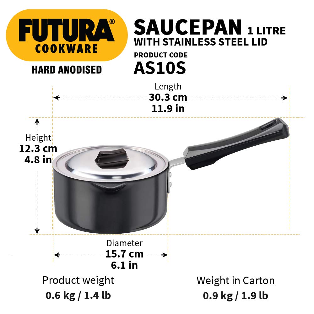 Futura Hard Anodised 1.0 Litre With Steel Lid And Pouring Spout Sauce Pan, 1.05 Quart, Black
