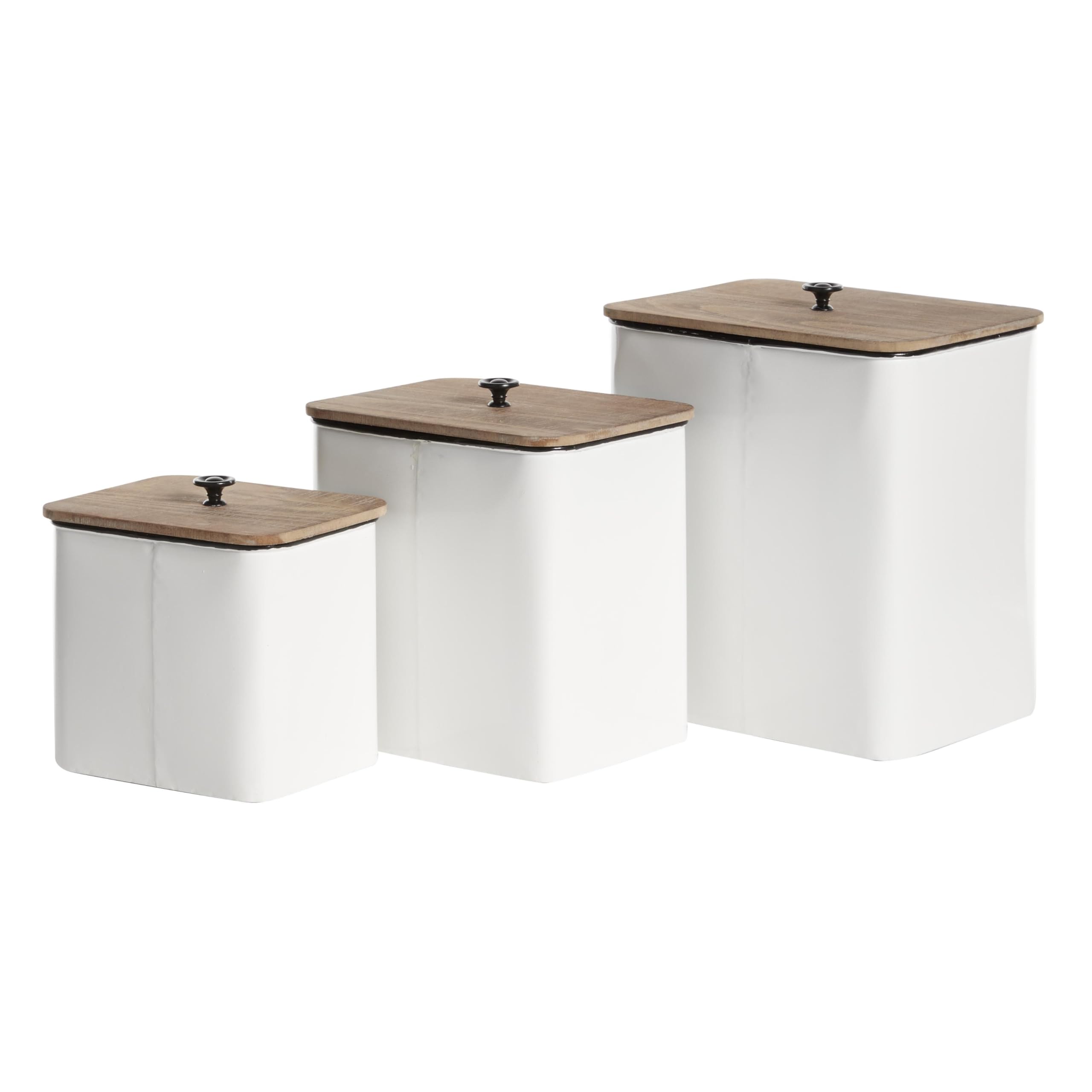 Deco 79 Metal Decorative Canisters Farm House Decorative Containers With Wood Lids And Black Accents, Set Of 3 Decorative Keepsa