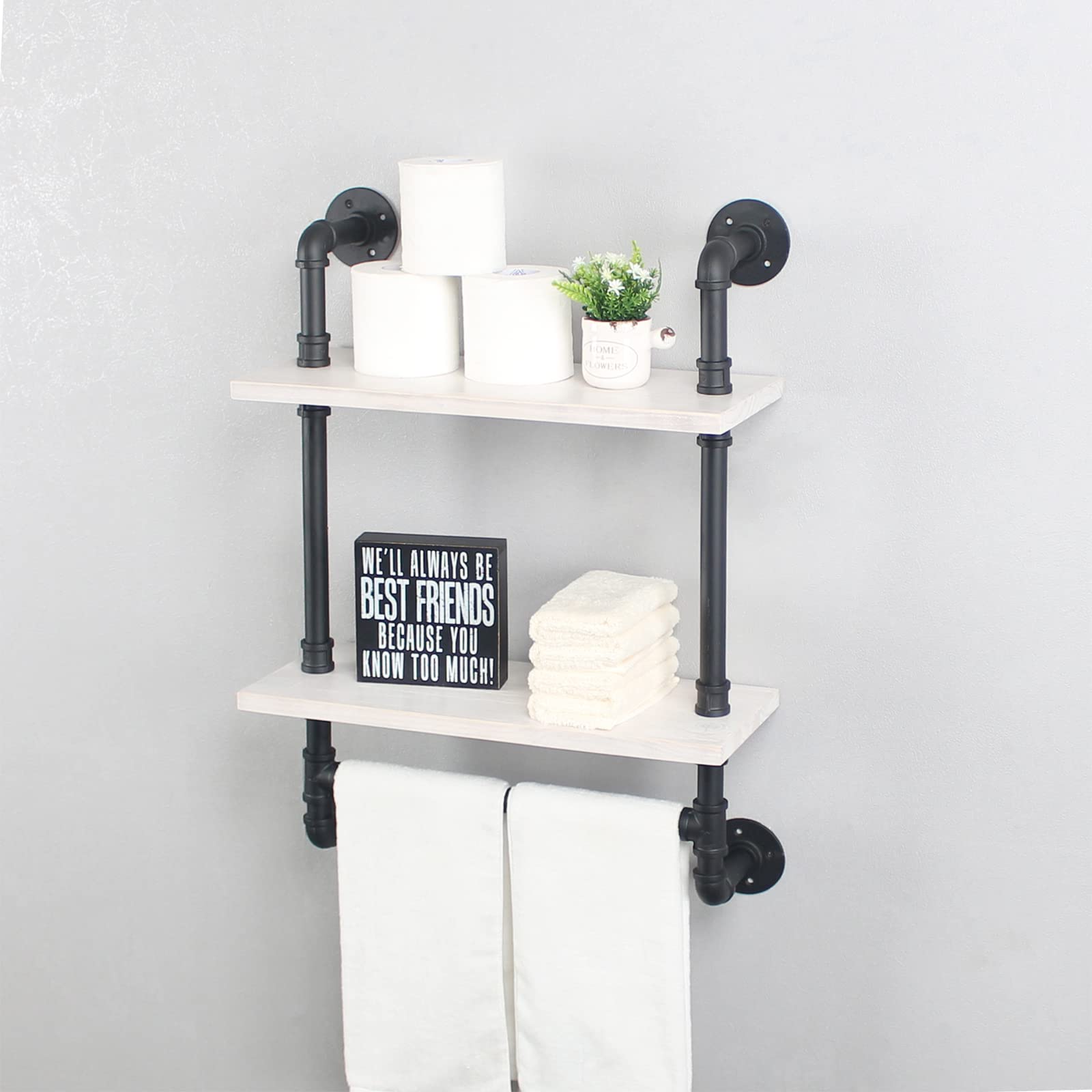 MBQQ Bathroom Shelves 19.6in Rustic Wood Shelf with Towel Bar 2 Tier Farmhouse Towel Rack Over Toilet Pipe Shelving Floating Shelves Towel Holder Black & White