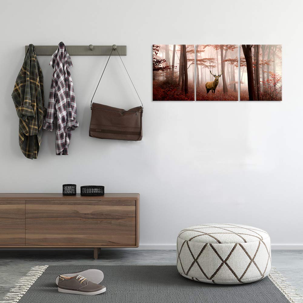 Visual Art Decor Deer in Red Autumn Foggy Forest Picture Elk Decor Canvas Prints for Farm Decor Farmhouse Living Room Bedroom Wall Decoration Ready to Hang 12x16inchx3 Piece
