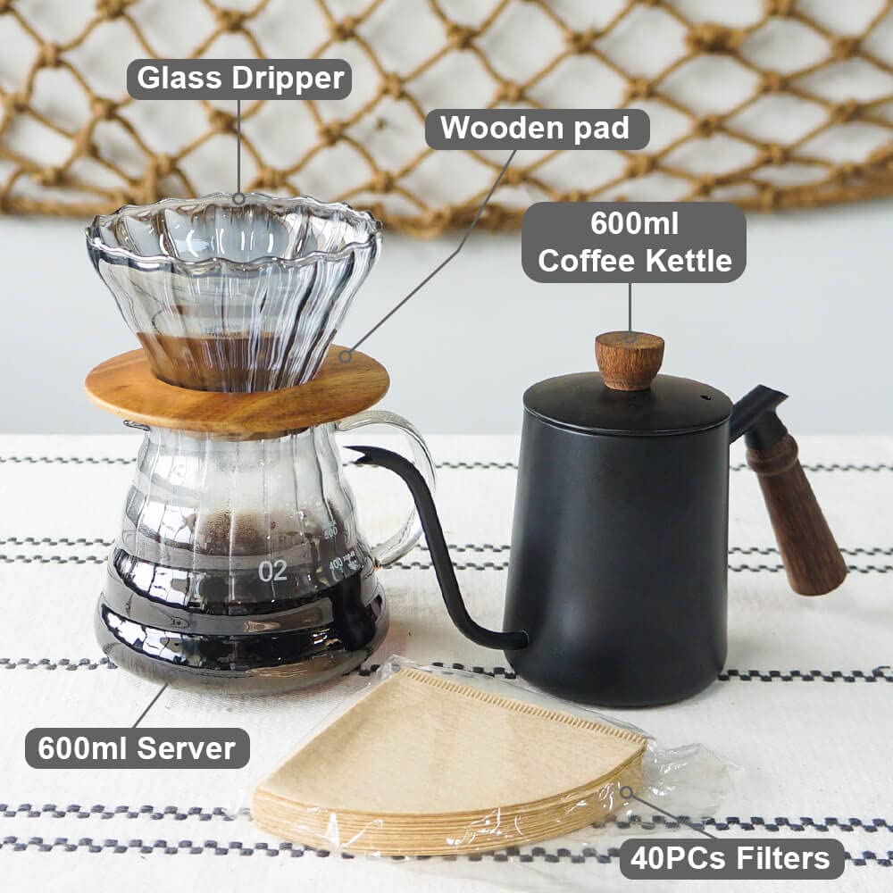 Sotech Pour Over Coffee Maker Set With Black Gooseneck Kettle, Wooden Pad Holder, Coffee Dripper Server, Diy Manual Portable Cof