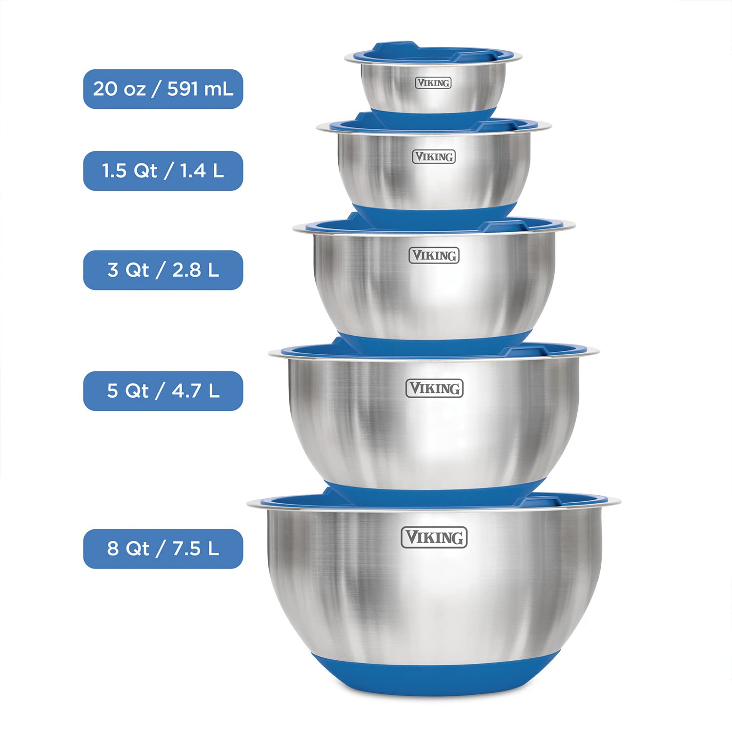 Viking Culinary Stainless Steel Mixing Bowl Set, 10 Piece, Non-Slip Silicone Base, Includes Airtight Lids, Dishwasher Safe, Blue