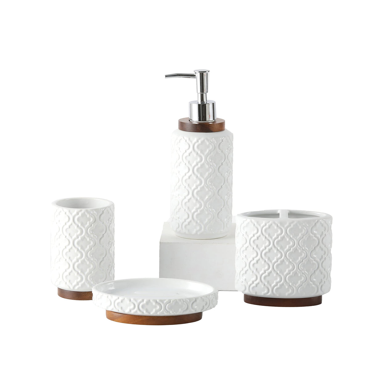 Rqyixi Bathroom Accessories Set 4 Pcs Toothbrush Holder Soap Dispenser Ceramic And Wood Bathroom Decor Set Contain Toothbrush Cu