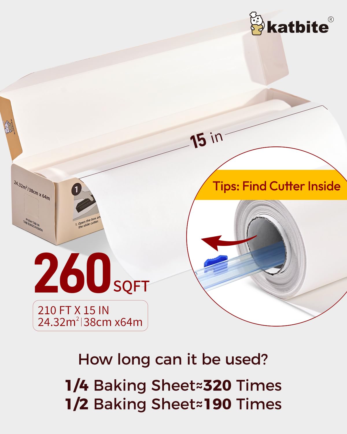 Katbite Parchment Paper Roll For Baking, 2 Pack Of 15 In X 210 Ft, Heavy Duty Cooking Paper For Baking Bread, Cookies, Non-Stick