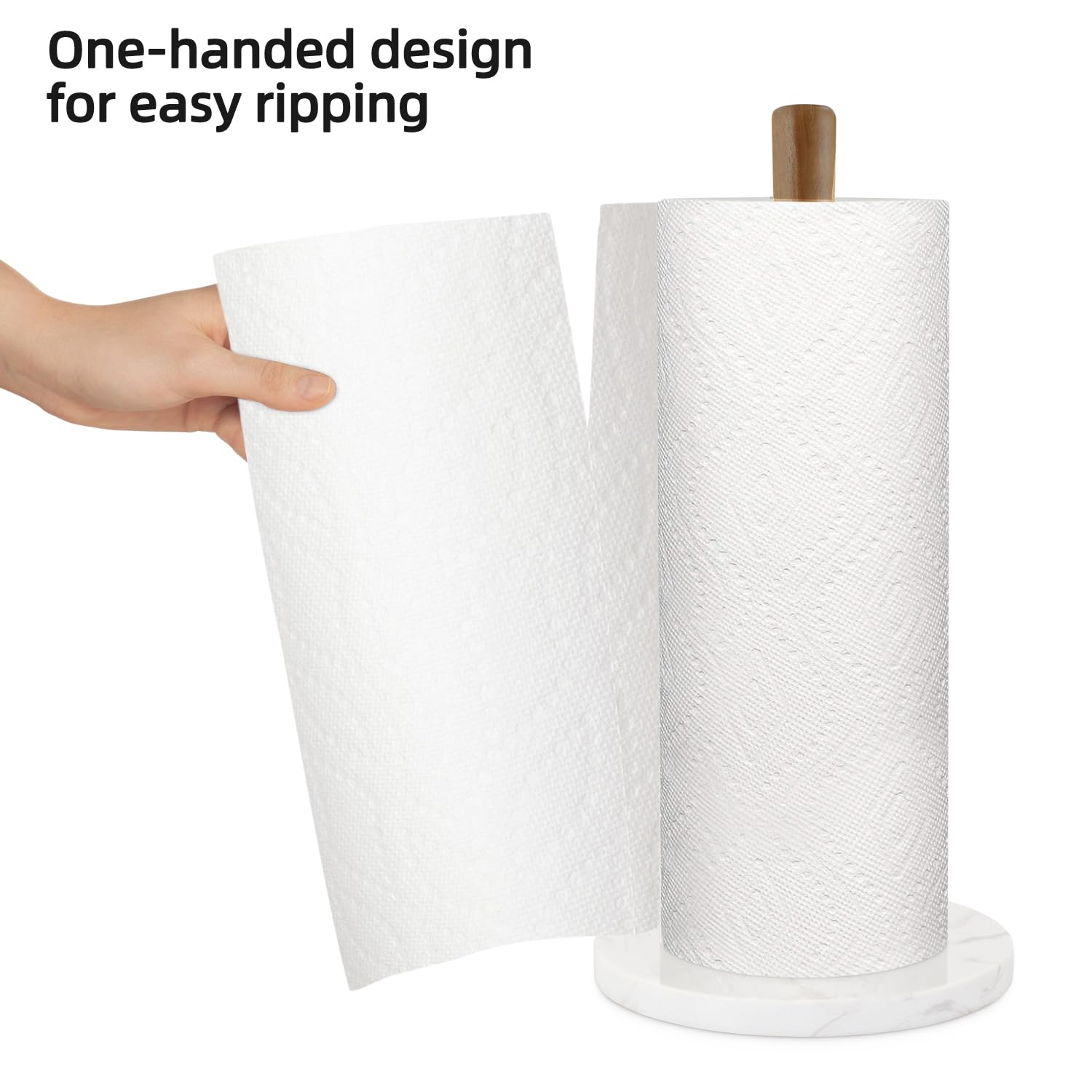 Buruis Wood Paper Towel Holder, Marble Base Modern Decorative Countertop Standing Rolls Holder For Kitchen, Toilet, Pantry And B