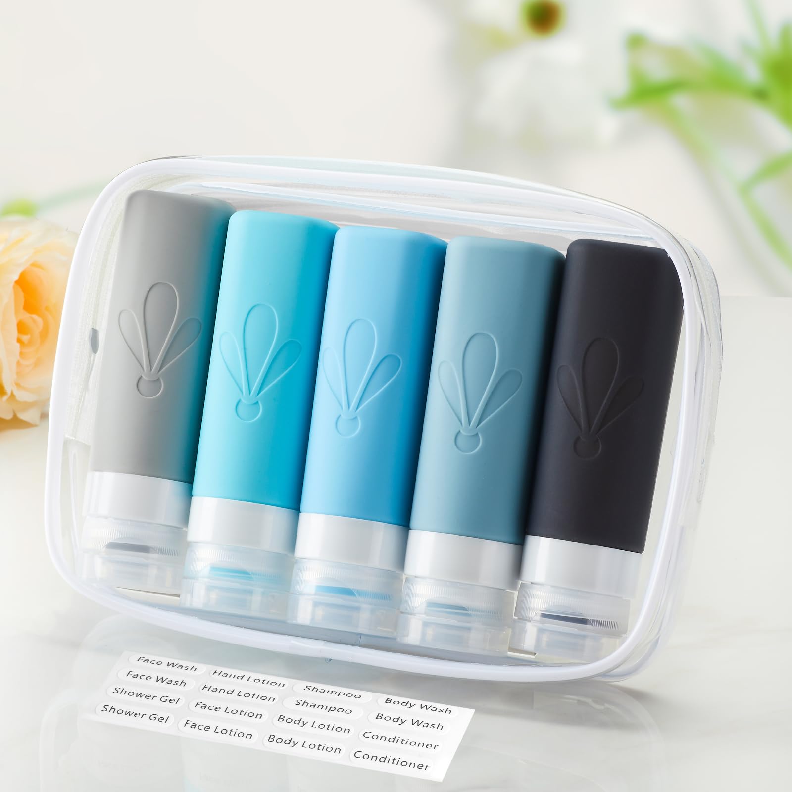 INSFIT Travel Bottles for Toiletries  TSA Approved 3oz Travel Size Containers  BPA Free Leak Proof Squeezable Silicone Tubes for Shampoo Conditioner Lotion Soap with Labels