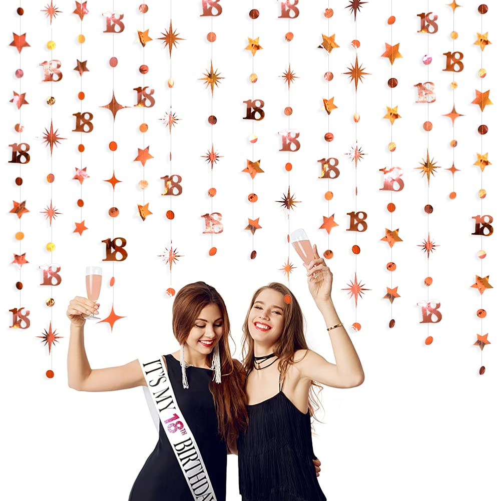 Rose Gold 18Th Birthday Decorations Number 18 Circle Dot Twinkle Star Garland Kit Metallic Hanging Streamer Bunting Banner Backd