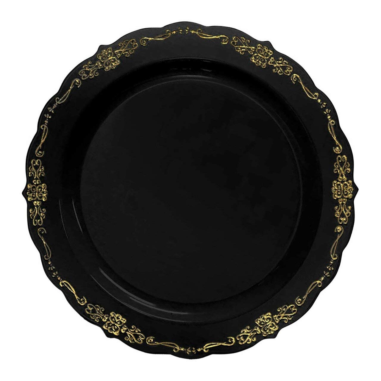 Kaya Elegant Black & Gold Vintage Round Disposable Dinner Plates - 10'' (Packs Of 10), Stylish Design, Perfect For Any Occasion