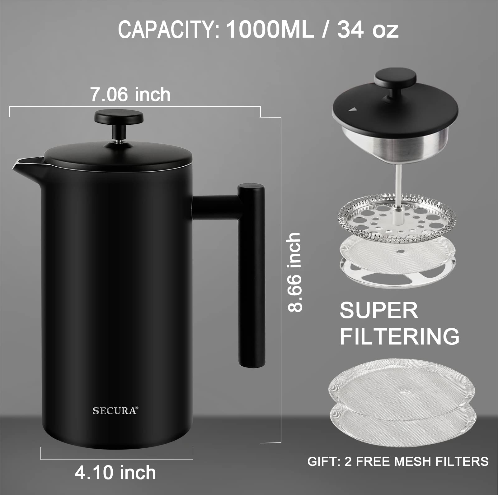 Secura French Press Coffee Maker, Double-Wall 304 Grade Stainless Steel Coffee Press With 2 Extra Screens, 34Oz (1L), Black