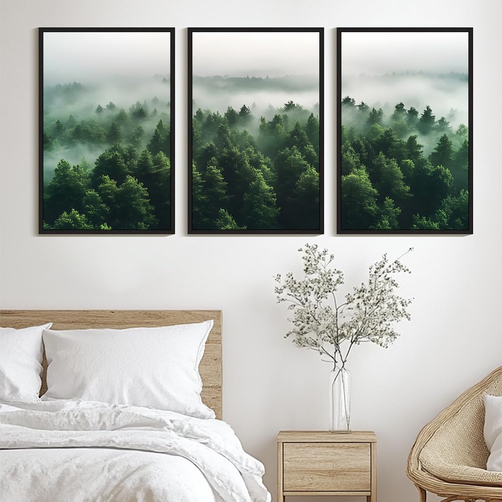 Kuvioke Green Fog Pine Tree Framed Wall Art Nature Nordic Misty Forests Artwork Morden Painting Bedroom Decor 24X36In (Black Fra