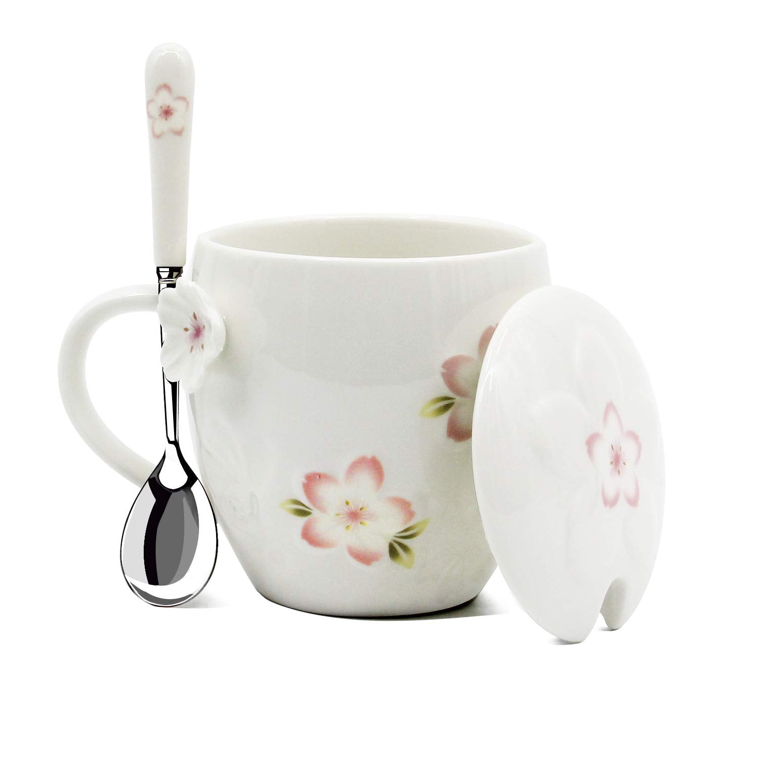 Kawaii Tea Cup with Lid and Spoon, Cherry Blossom Coffee Mug, Cute Ceramic Teacup, Best Gifts for Women, Her, Sister, Daughter, 