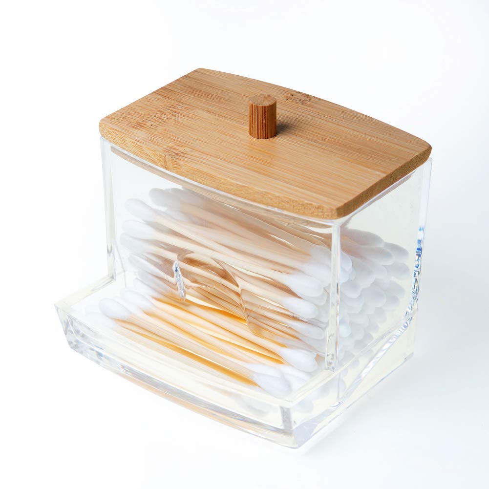 Nagu Acrylic Qtip Holder With Bamboo Lid, Clear Small Cotton Swab Dispenser, Plastic Ear Stick Swabs Holder, Square Toothpick St
