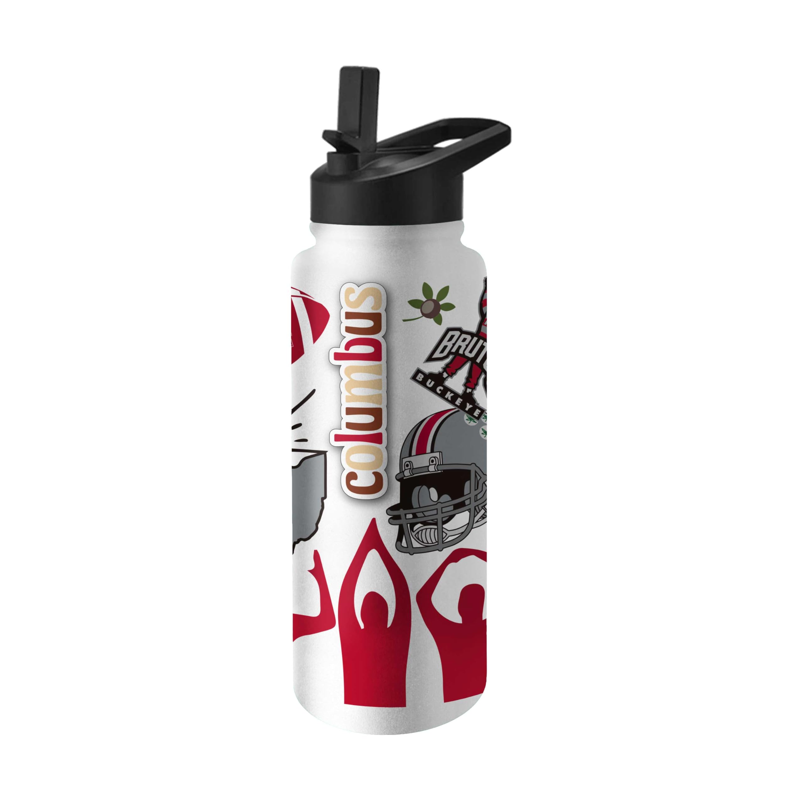 Logo Brands NCAA Ohio State Buckeyes 34oz Native Quencher Bottle - Double-Wall Insulated, Stainless Steel, No-Spill Lid, Easy Ca