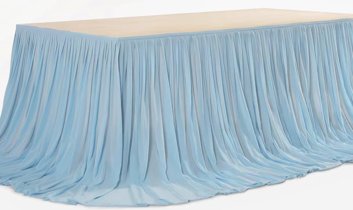 Mohoeey 9Ft Extra Long Blue Chiffon Table Skirts With Pooling Tablecloth For Wedding, Birthday, And Cake Table Decorations
