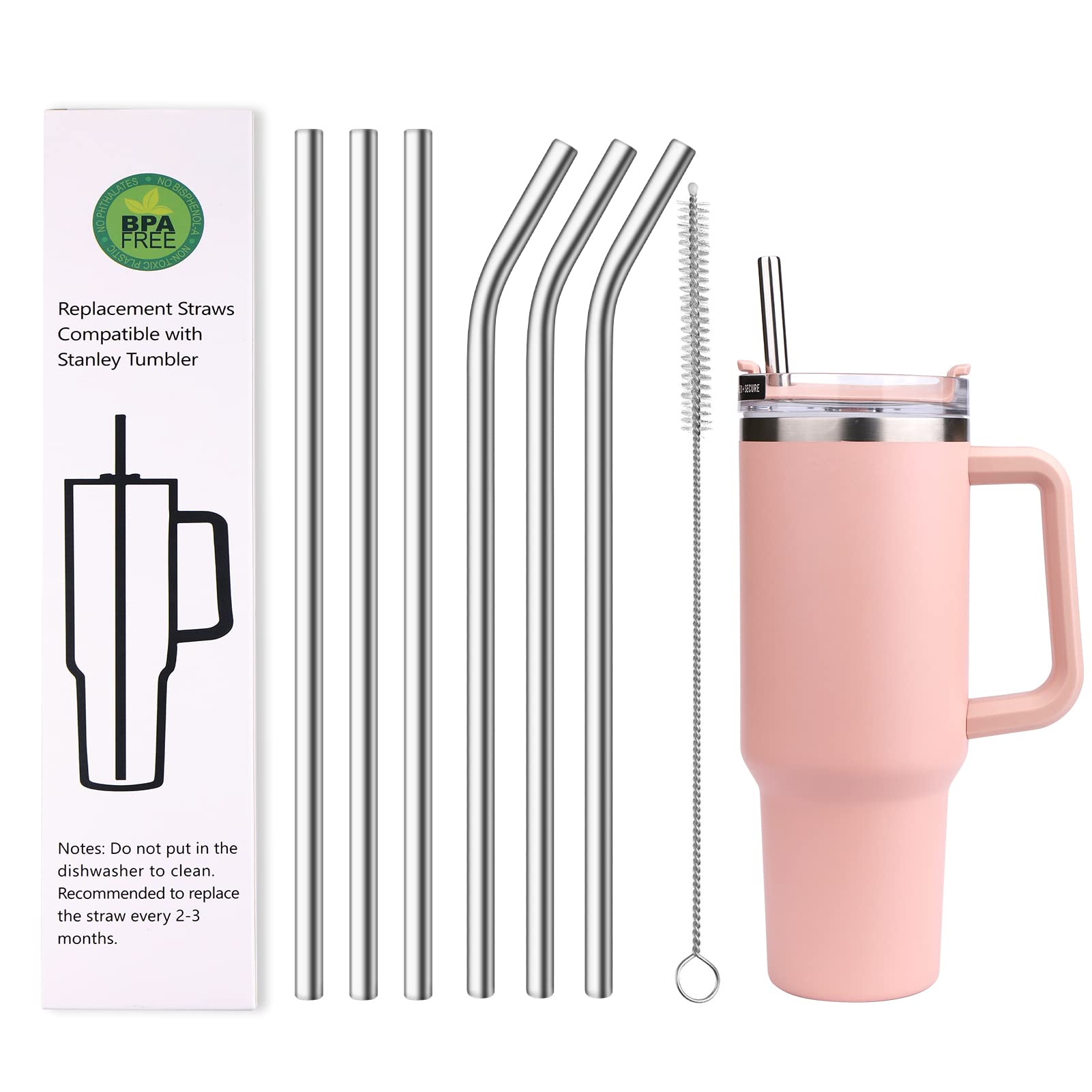 Aiersa 6 Pack 10Mm Stainless Steel Replacement Straw Compatible Stanley 40Oz Cups,Reusable Straw For Stanley Tumbler, Straws Wit