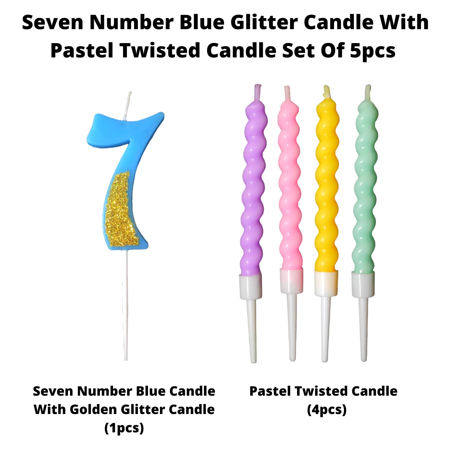 Party Decorz Number 7 Candle | Seven Number Candle | Seven Number Blue Glitter Candle with Pastel Twisted Candle Set of 5pcs for