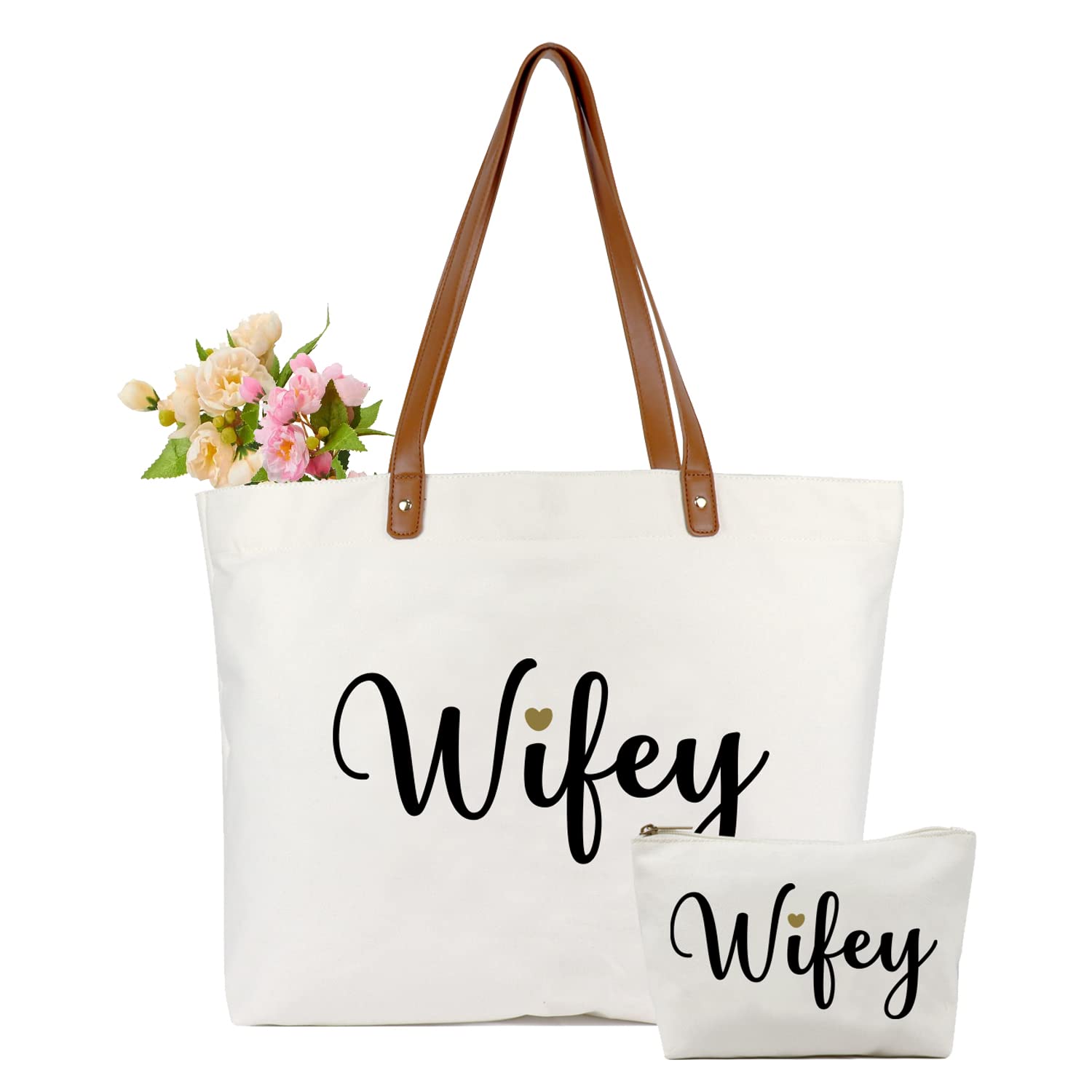 Lamyba Wifey Tote Bag With Makeup Bag, Gifts For Engagement/Bridal Shower/Bachelorette/Wedding Party Canvas White
