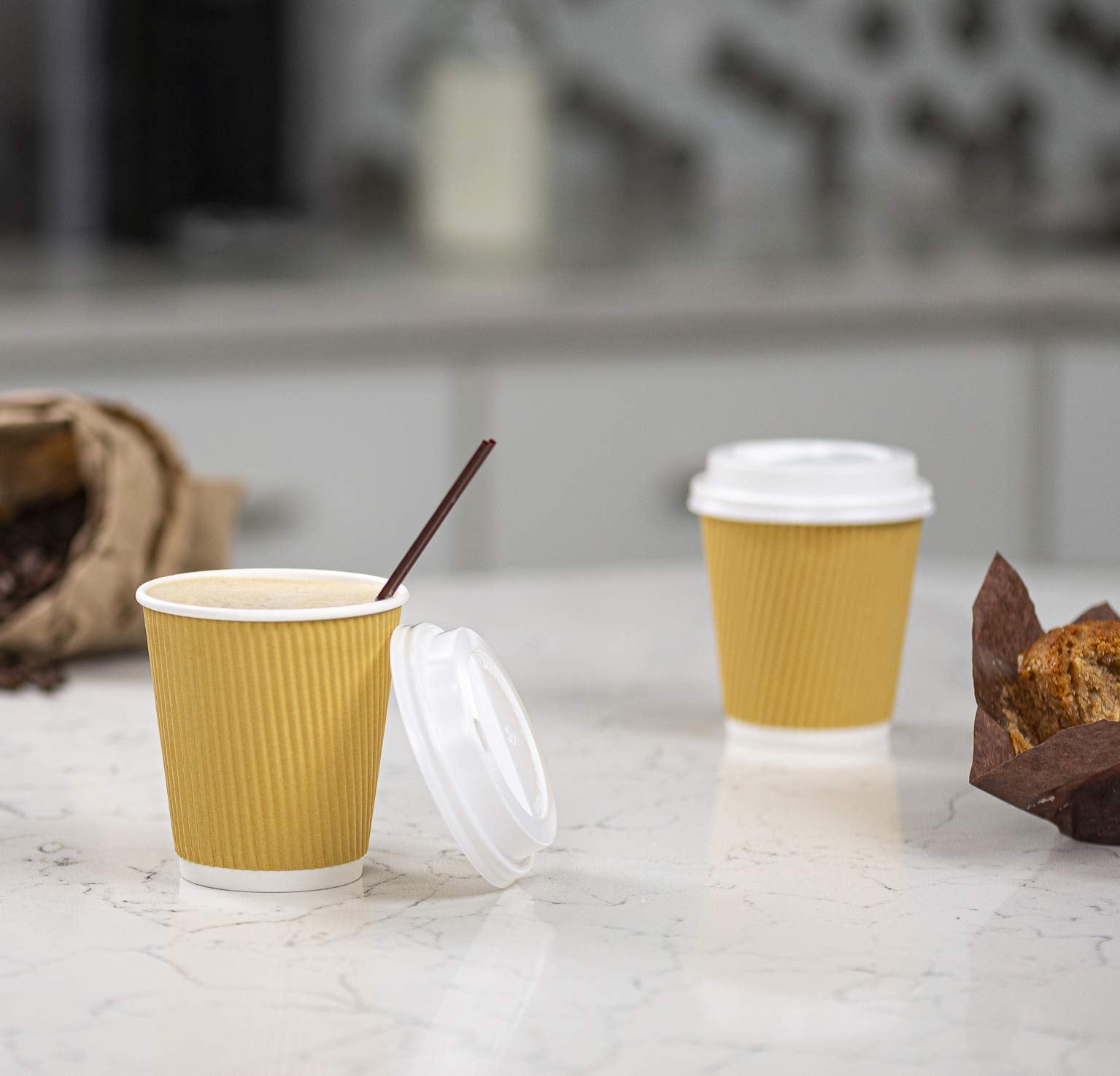 Comfy Package [10 Oz. - 50 Sets Insulated Kraft Ripple Paper Hot Cups, Disposable Coffee Cups With Lids - Ideal For Hot Beverage