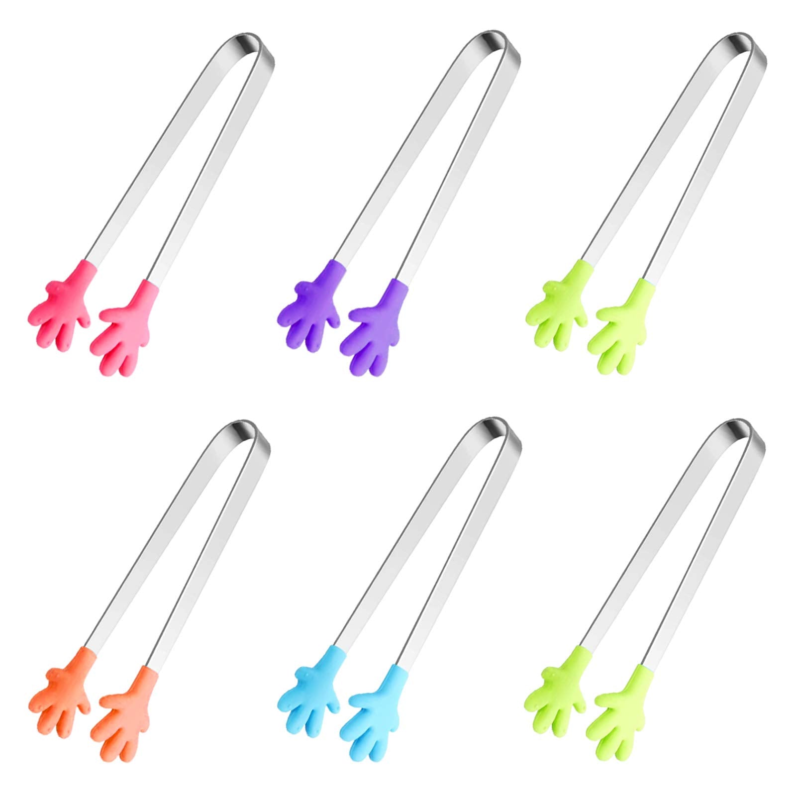 6Pcs Mini Tong, Hand Shape Silicone Food Tongs, 5Inch Kid Tongs For Sugar Cubes, Serving Food, Colorful Kitchen Tongs Perfect Fo
