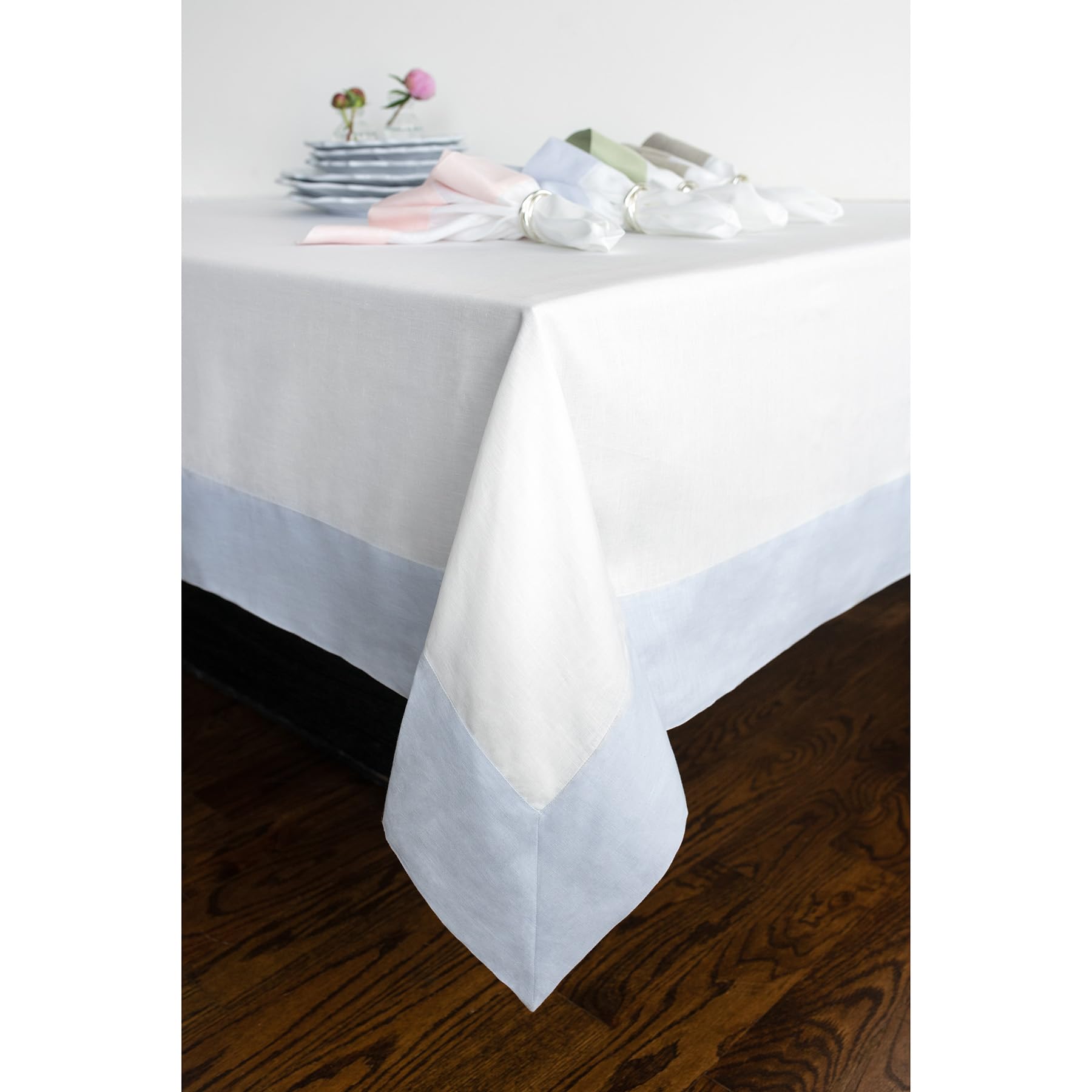Solino Home Light Blue And White Linen Tablecloth 90'' L X 60'' W Inch - 100% Pure Linen Table Cloth For Rectangle Tables - Cont