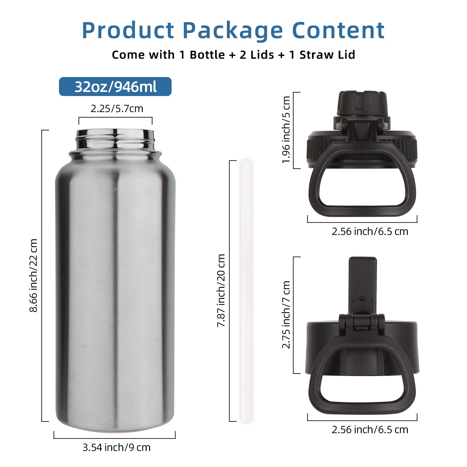 Volhoply 32 oz Insulated Water Bottle with Straw Lid and Spout Lid Stainless Steel Sports Water Bottle Double Wall Vacuum Thermos Leakproof Metal Flask with Wide Mouth for Hiking Camping(Silver 1)