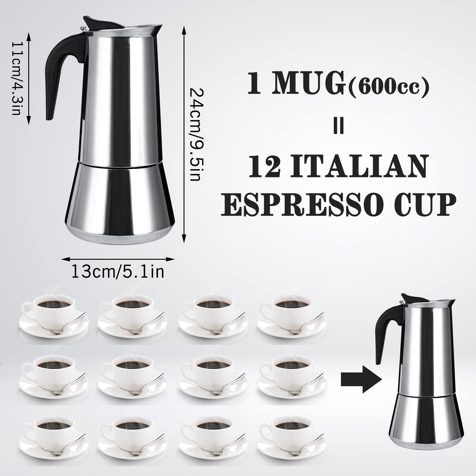 Stainless Steel Stovetop Moka Pot Espresso Maker Percolator 12 Cup 600Ml Portable Italian Greca Cuban Coffee Maker For Big Famil