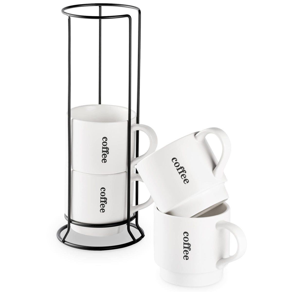 Lauchuh Coffee Mugs Set Of 4, 15 Ounce Stackable Coffee Mugs With Rack Latte Cup Porcelain Mugs For Coffee, Tea, Hot Cocoa, Milk